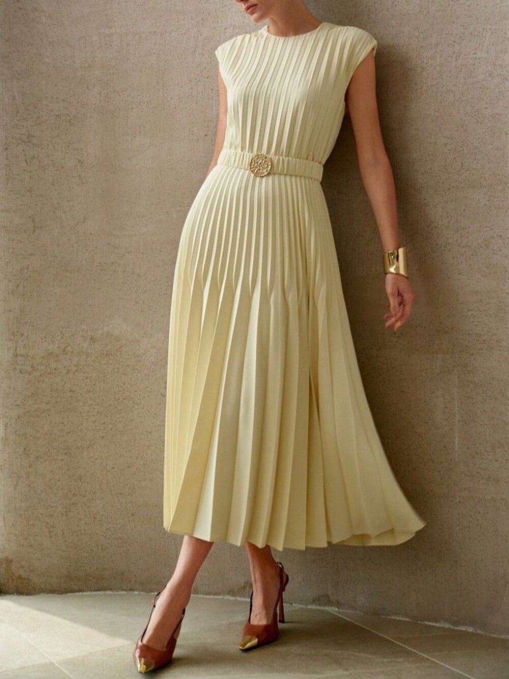 Cream Pleated Midi Dress with Belted Waist
